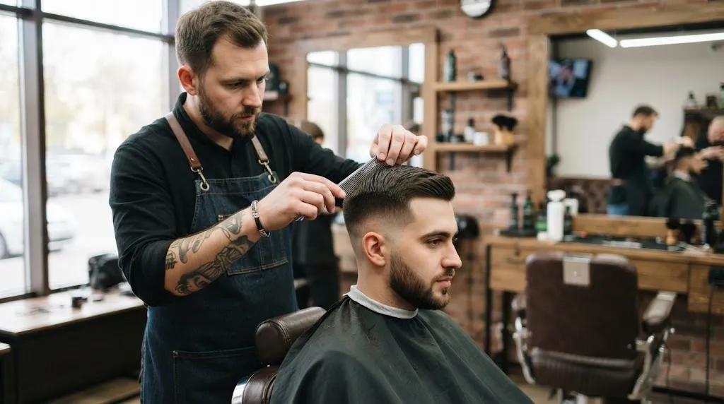 Professional barber checking the side slope angle and transition of a client's normal slope haircut in a modern barbershop.