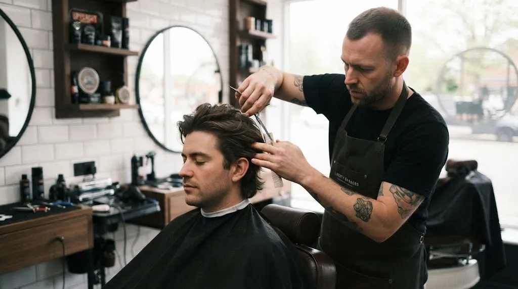 Professional barber performing a precise trim to maintain medium-length men's hairstyle
