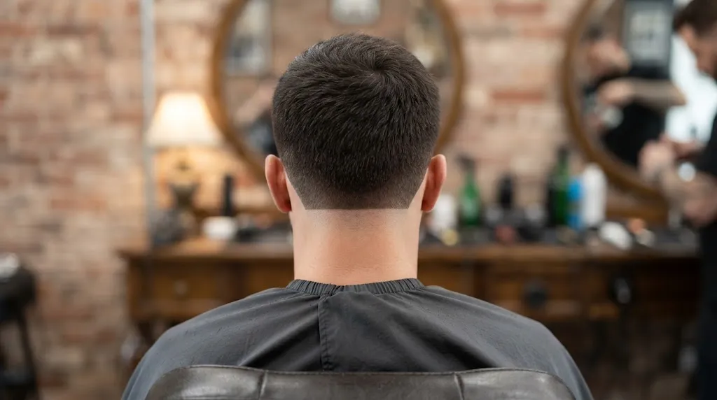 Professional men's haircut showing a clean blocked square nape with sharp 90-degree outline.