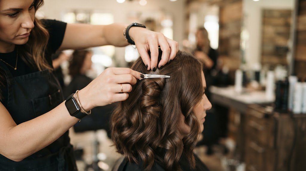 A stylist pinning a curled section of hair to set the shape, ensuring a long-lasting hairstyle.