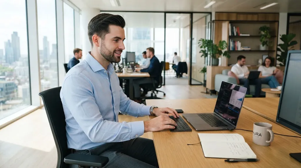 A professional man with a clean, classic normal slope haircut working in a modern office environment.