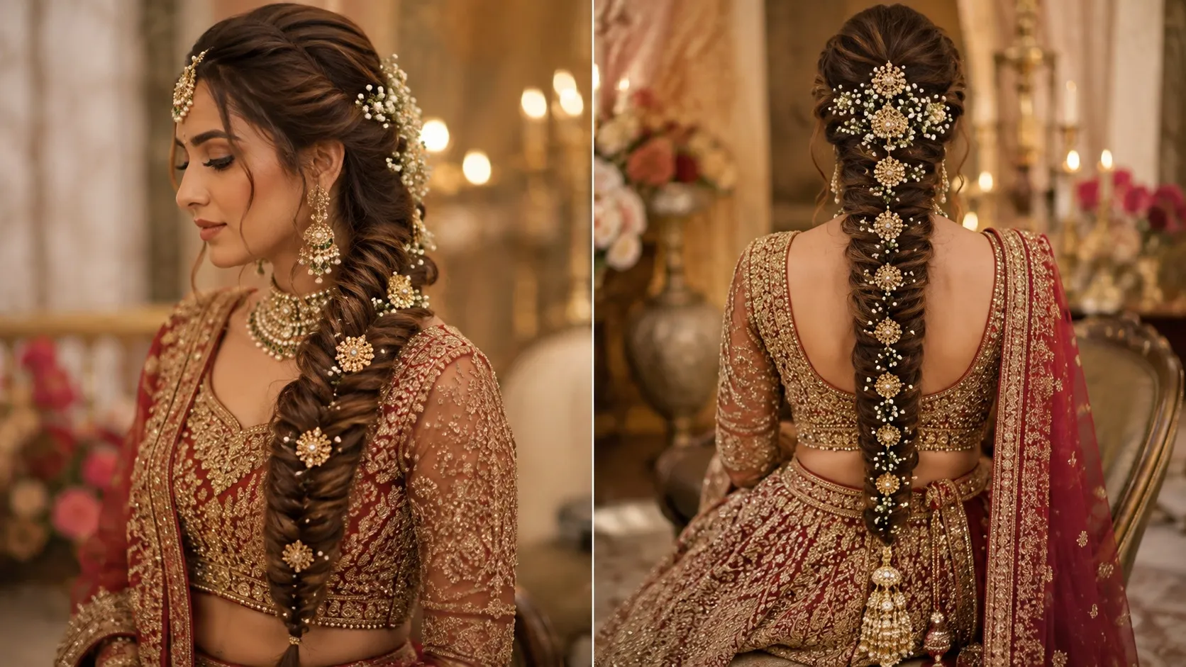 Intricate long bridal fishtail braid decorated with gold hair accessories and small flower buds for a festive look