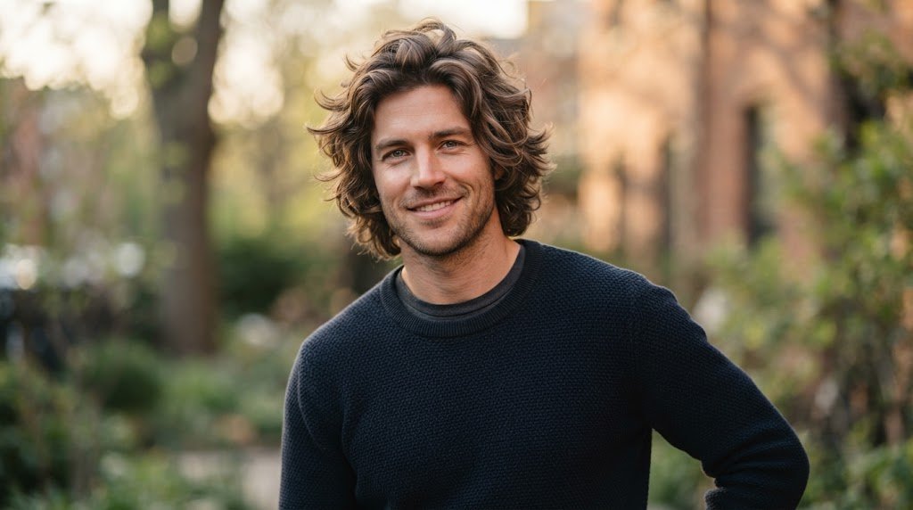 Man with stylish medium-length shaggy layered hairstyle for oblong face shape, creating lateral volume and balance.