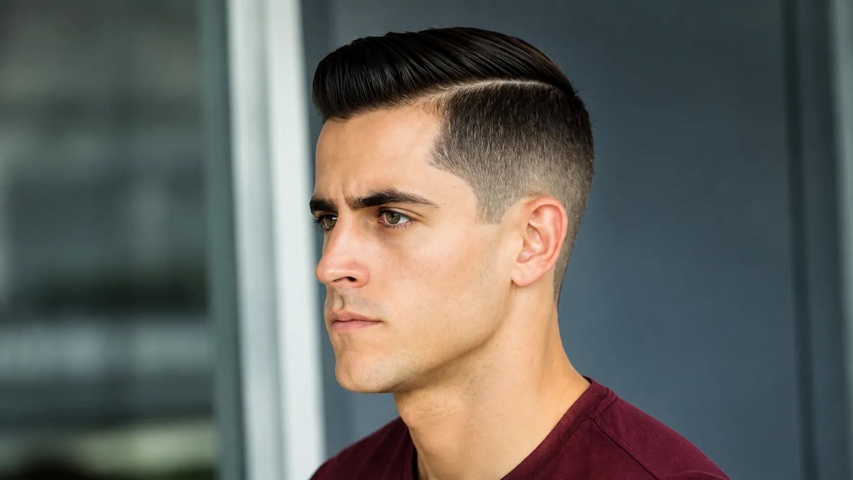 A man with a sharp side part haircut showing a crisp hard part line, faded sides, and neatly combed top styled with shiny pomade