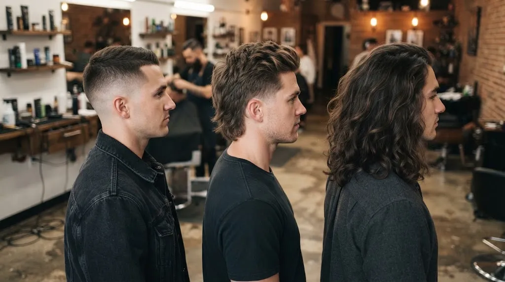 Three men demonstrating short, medium, and long hair back style transitions in a modern barbershop