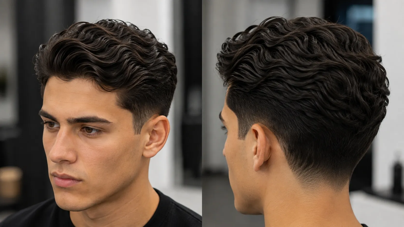 A man with a short wavy haircut showing defined natural S-wave texture, controlled frizz, and clean tapered sides styled with low-shine pomade