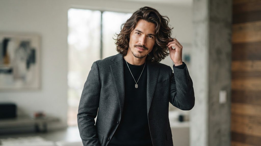 A man with a stylish shoulder-length flow hairstyle, showing natural waves and face-framing layers perfect for an oblong face shape.