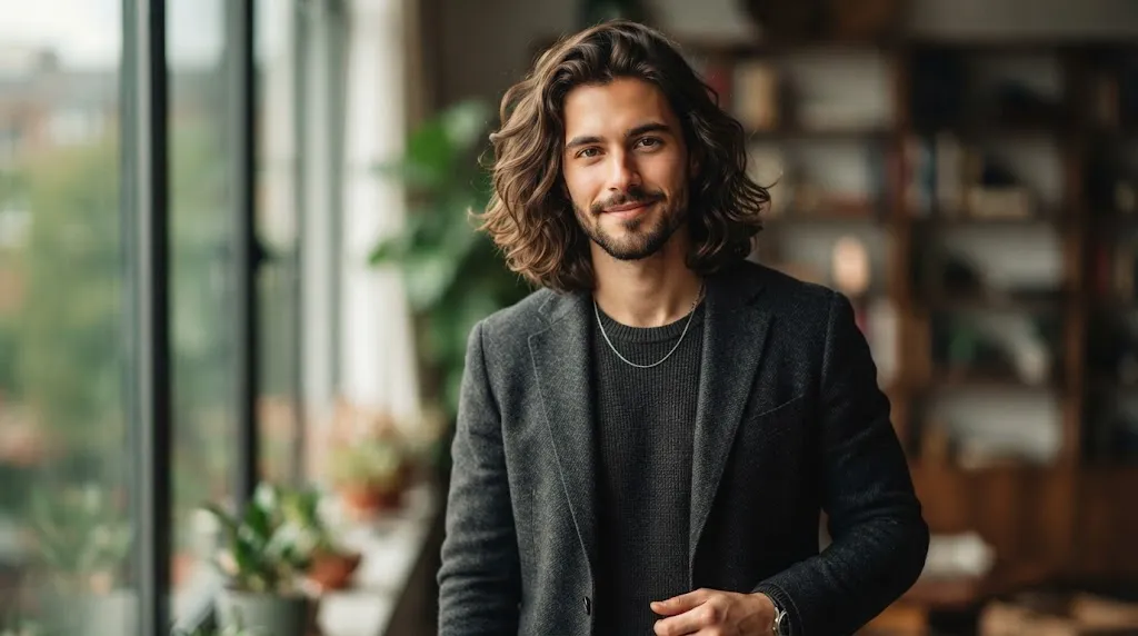 Handsome man with natural shoulder-length wavy hair flow haircut for long face shapes