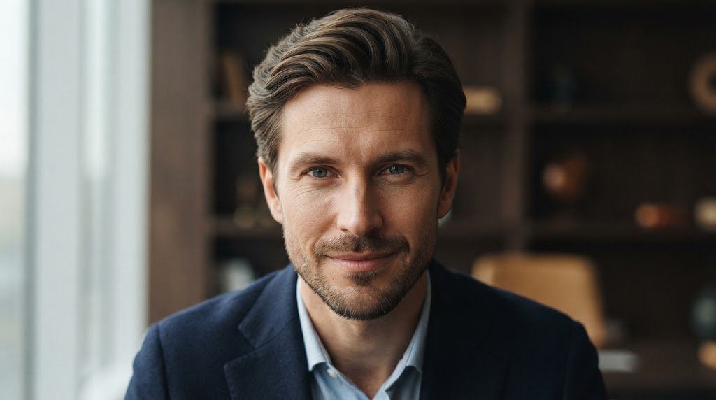 Man with a long face shape sporting a professional side part hairstyle with volume to balance facial proportions.