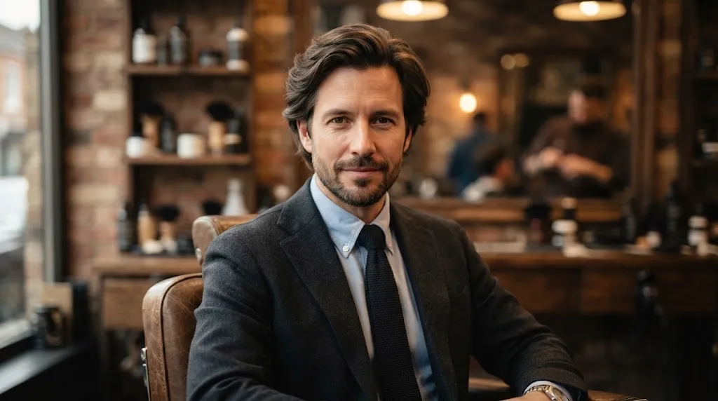 Man with a long face shape sporting a classic side part hairstyle with volume to create horizontal facial balance.