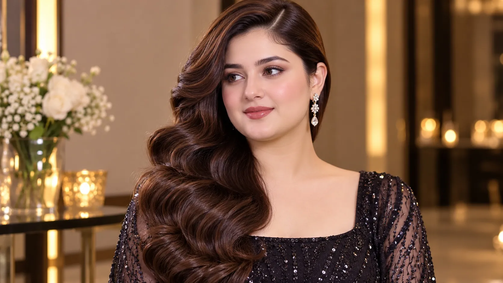 Glamorous side-swept deep side part with soft Hollywood waves falling over one shoulder