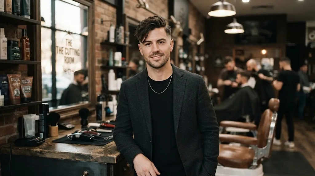Modern side-swept haircut for men with a square face shape, showcasing directional movement and structured styling
