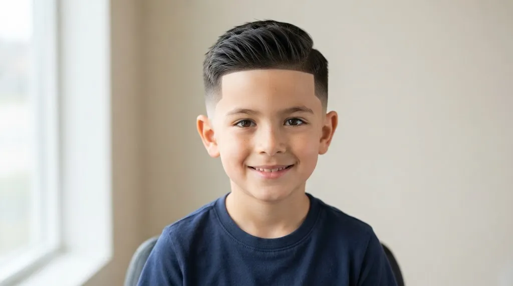 A young boy with a modern simple tapered haircut featuring clean edges and natural texture.