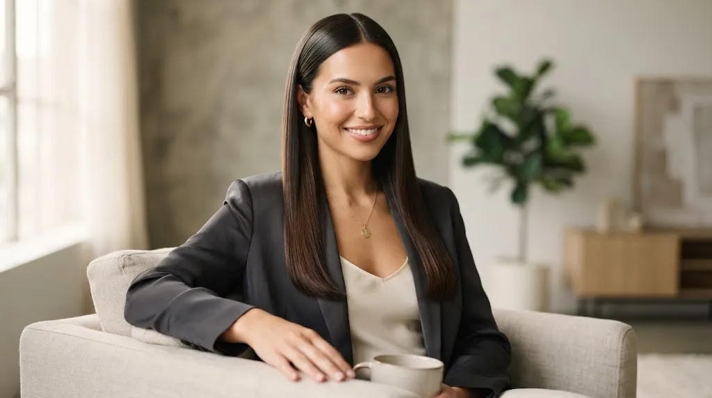 Woman with sleek glossy straight hair for a simple and easy hairstyle look