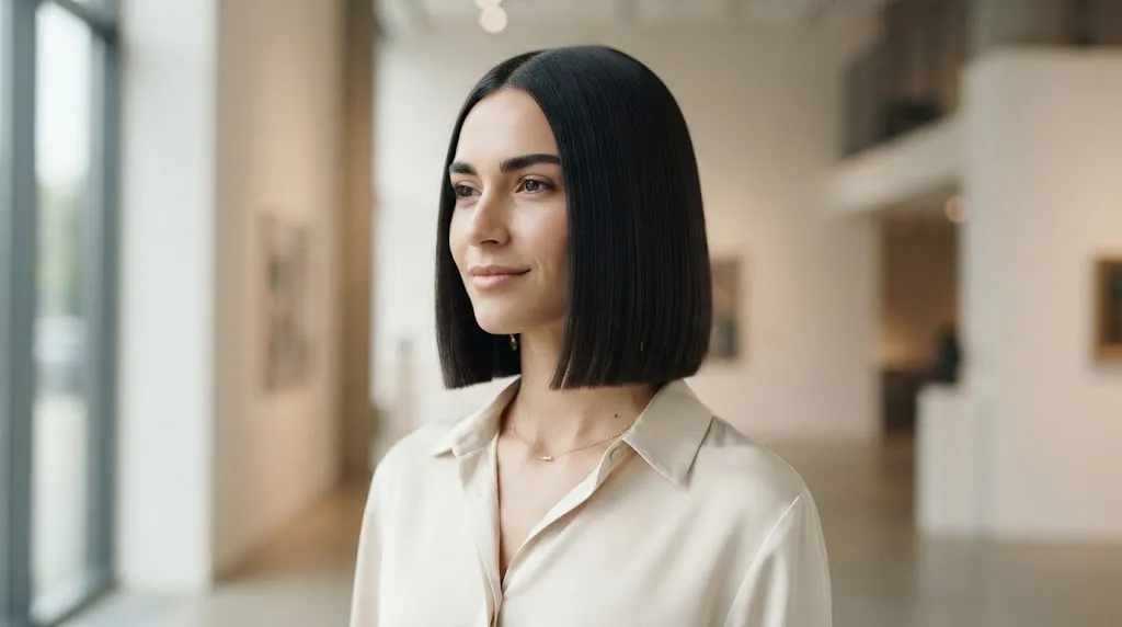 A stylish girl with a sleek, polished blunt bob haircut hitting at the collarbone, showcasing a clean and graphic baseline.