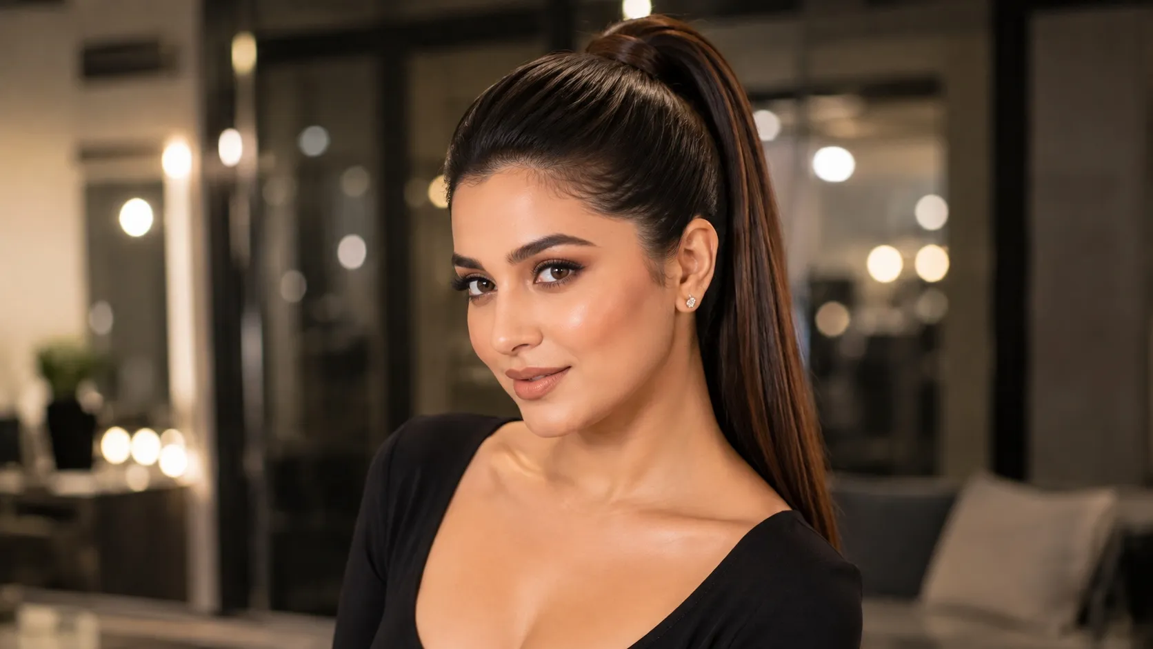 Woman with a sleek high ponytail featuring subtle volume at the roots and a smooth wrap-around hair finish