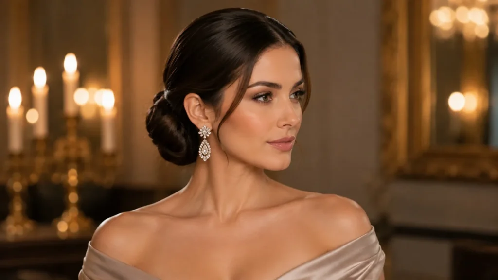 Ultra-sleek low parted chignon bun positioned neatly at the nape of the neck for a formal party look