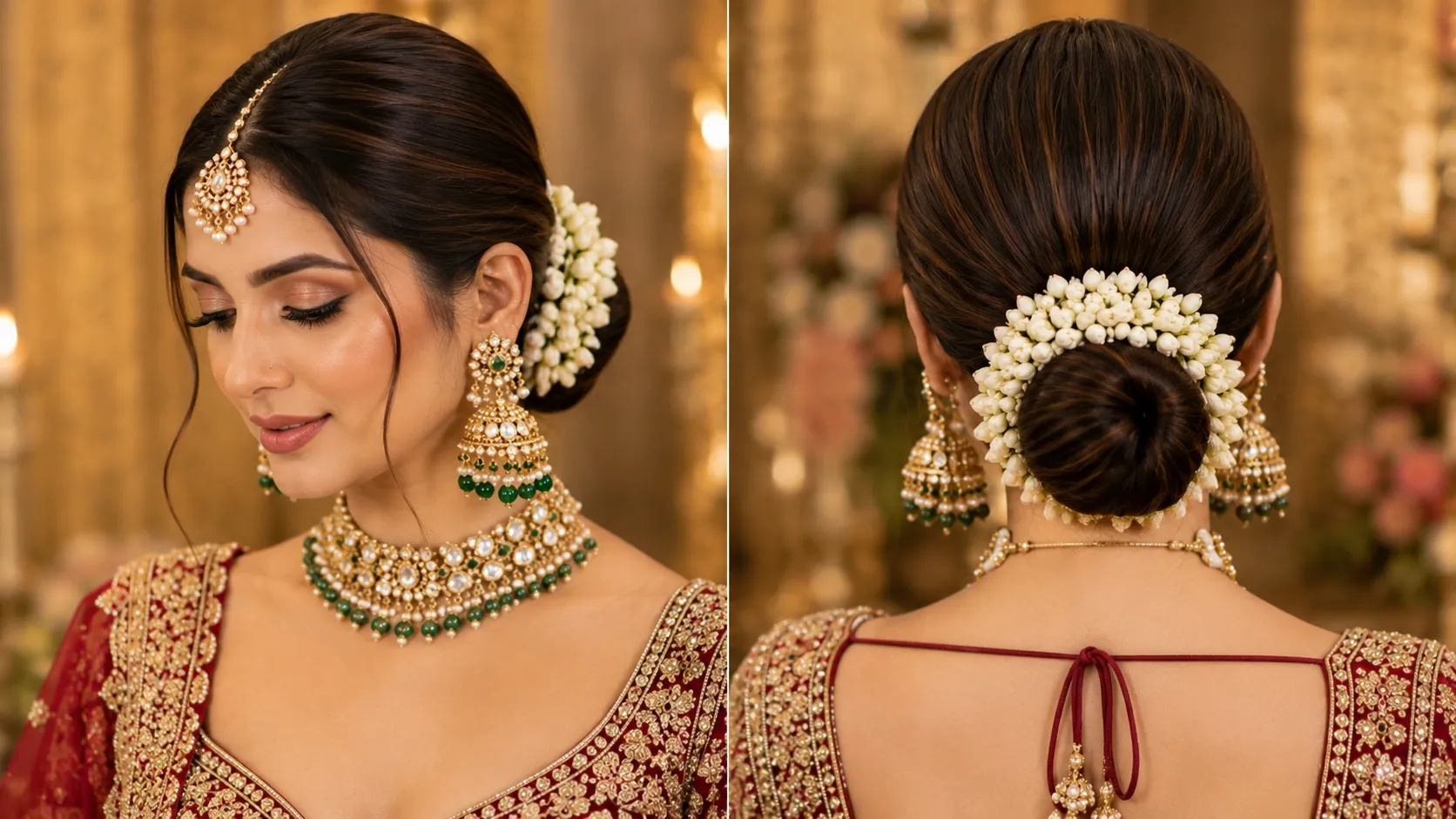 Sleek middle-parted low bun hairstyle with glossy finish for a modern party look