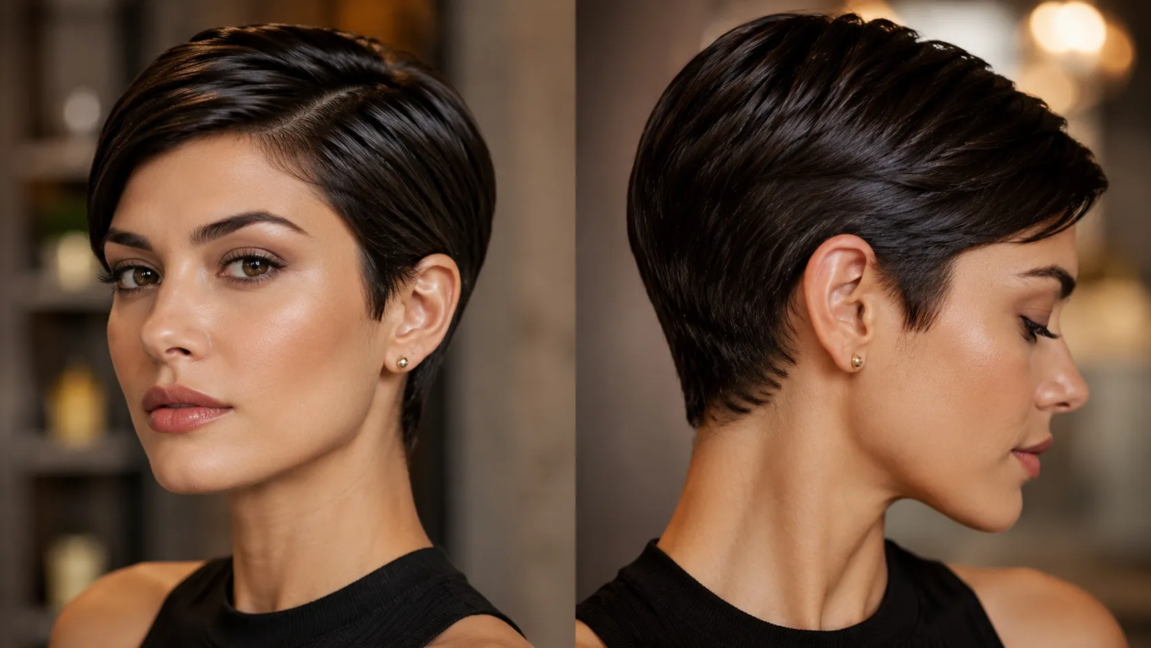 A woman with a sleek pixie haircut showing smooth control, side-swept top, and flat sides styled with lightweight high-shine pomade