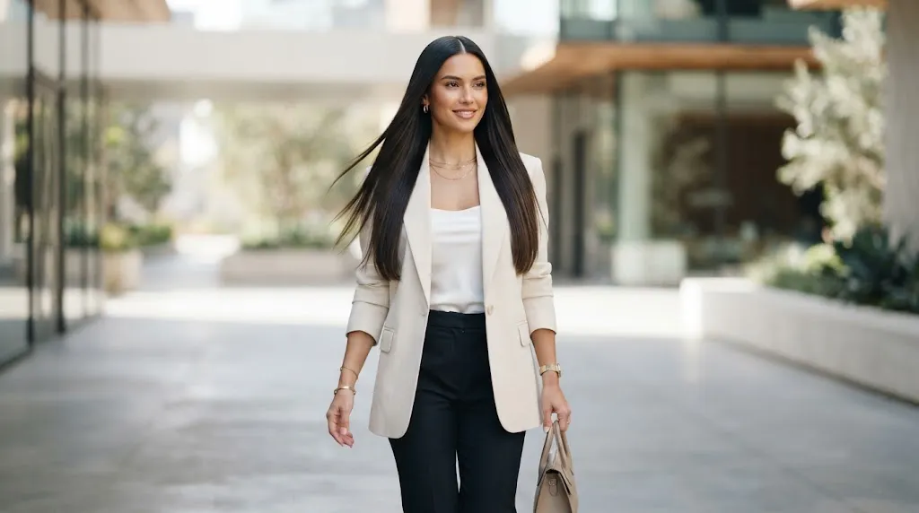 Modern woman with glossy sleek straight hair demonstrating 2026 hair trends