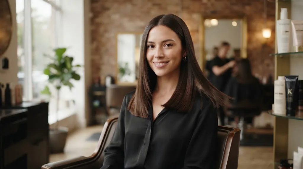 Girl with a beautiful sleek and straight shoulder-length haircut in a professional salon setting