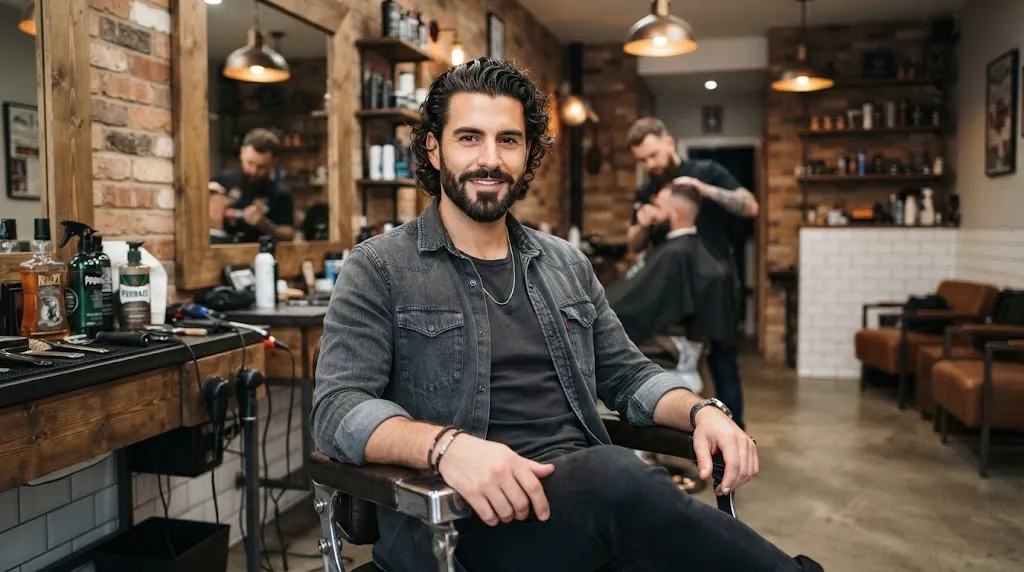 A handsome man with medium-length slicked-back curly hair showcasing a sleek, high-shine formal hairstyle.
