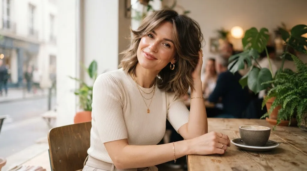 A stylish woman with a modern layered haircut and soft face-framing pieces that flatter a square face shape.