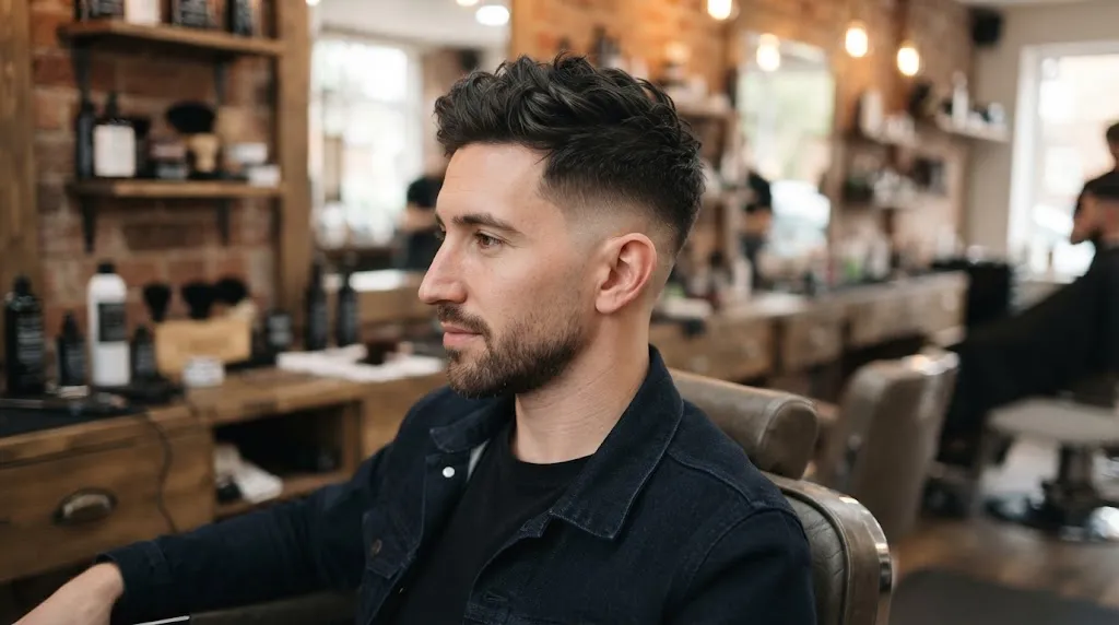 Man with a stylish soft mohawk fade haircut featuring a textured low-profile ridge and tapered sides, ideal for an oblong face shape.