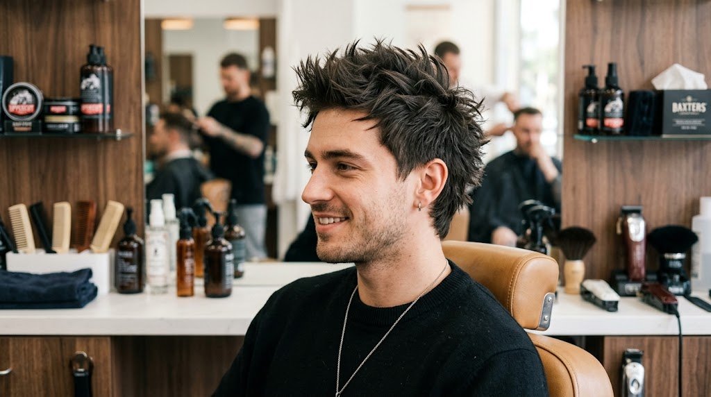 Modern spiky texture haircut for men with medium length hair featuring soft multi-directional texture and matte finish