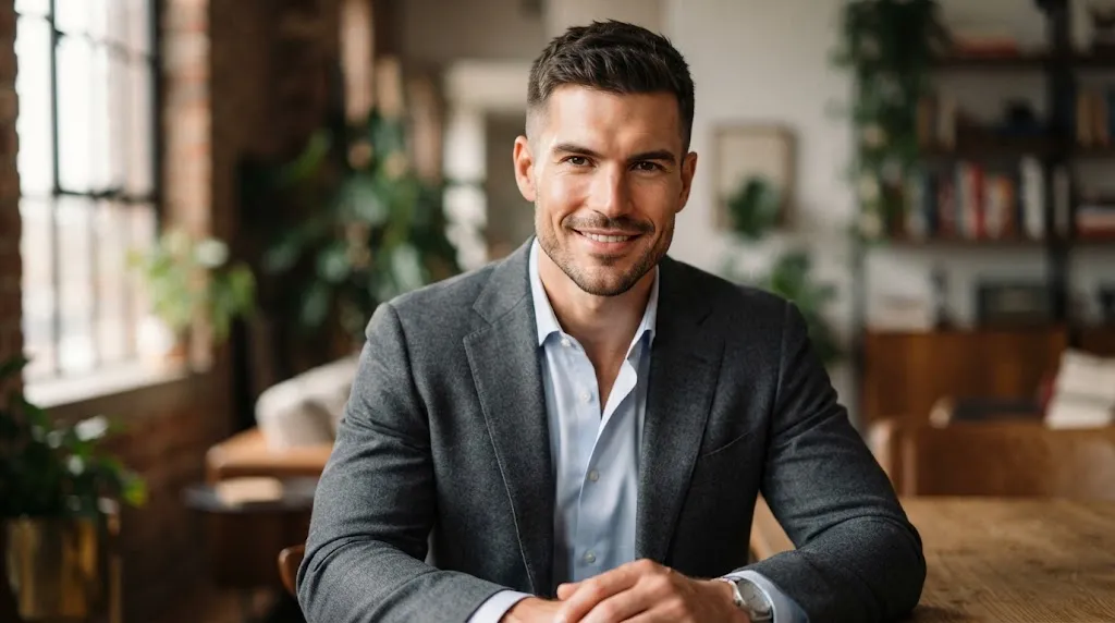 Man with a square and angular face shape styling a clean normal slope haircut with balanced side weight