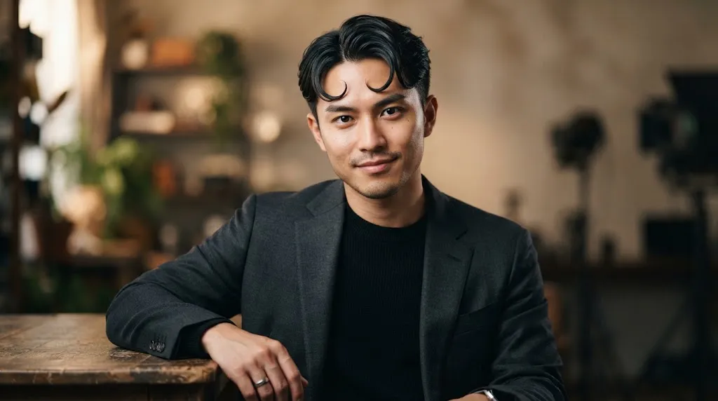 Young man with a trendy comma hair hairstyle featuring a distinct inward C-curve fringe