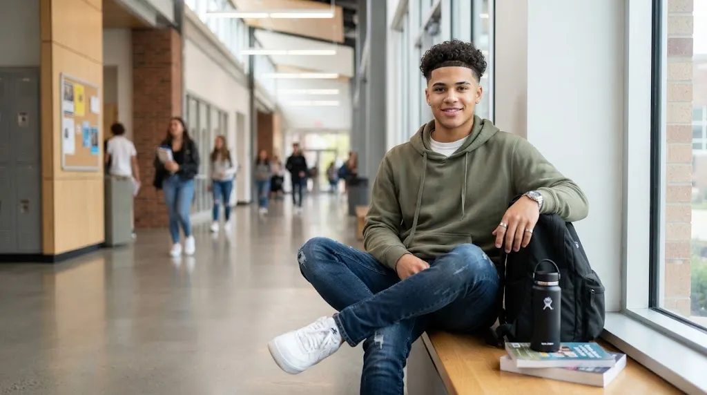 A young man with a stylish modern curly haircut and fade sitting in a school hallway representing everyday curly hairstyles for students