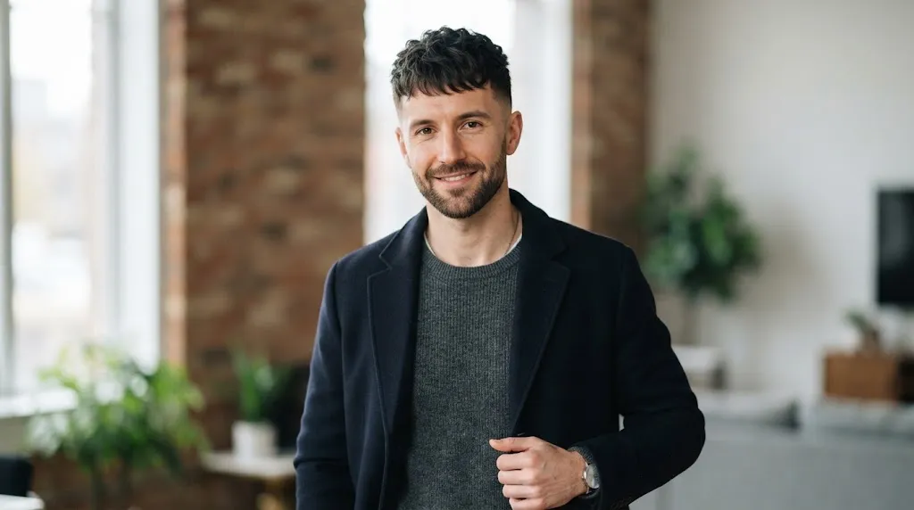 Man with a long face shape and thinning hairline wearing a textured French crop haircut for better volume and coverage.