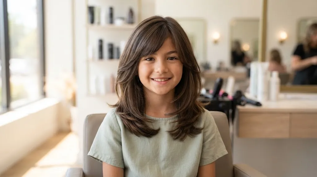 A beautiful shoulder-length layered lob haircut on a girl with seamless, flowing layers and a soft, modern look.