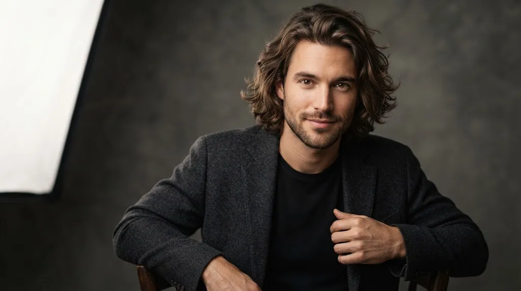 Man with modern long flowy medium length hairstyle showcasing natural volume and texture