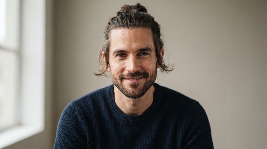 A man with an oblong face wearing a stylish man bun with face-framing layers to add width and balance proportions.