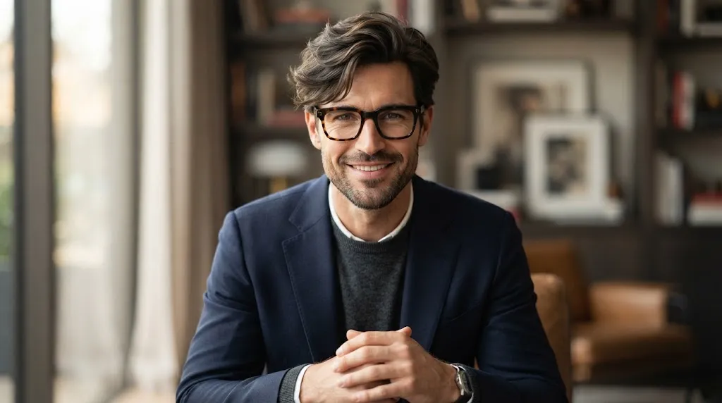 A man with a long face shape wearing bold square glasses and a modern textured haircut for balance.