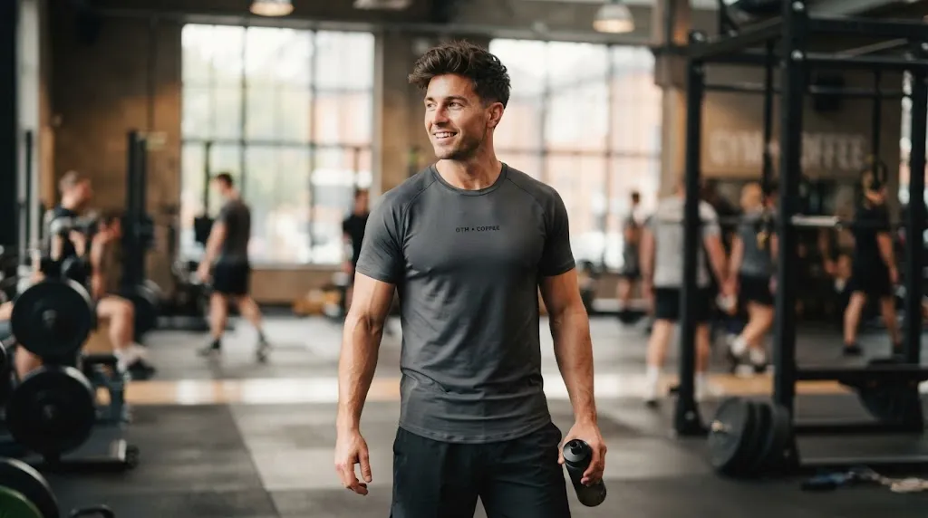 A fit man with a stylish, textured medium-length hairstyle working out in a modern gym.