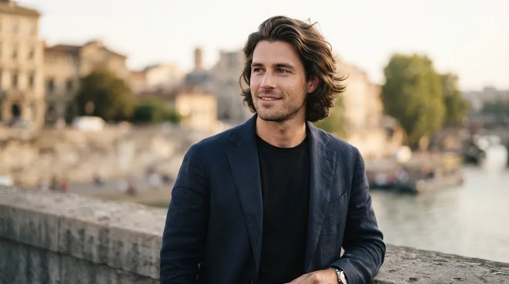 Man with a relaxed medium-length bro flow hairstyle, brushed back over the ears for a natural look
