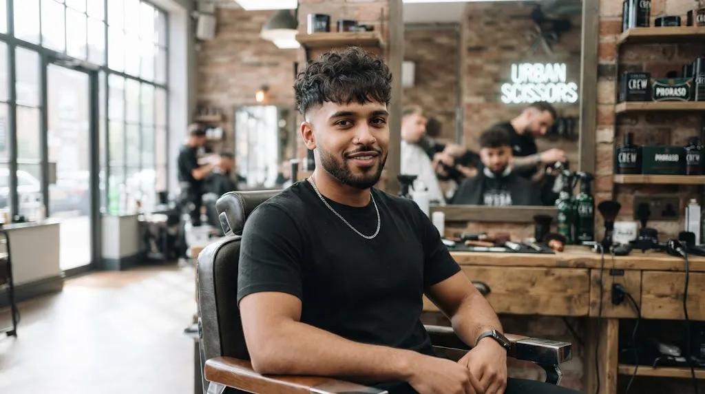A young man with a modern curly crop haircut featuring textured curls pushed forward into a fringe and clean faded sides.