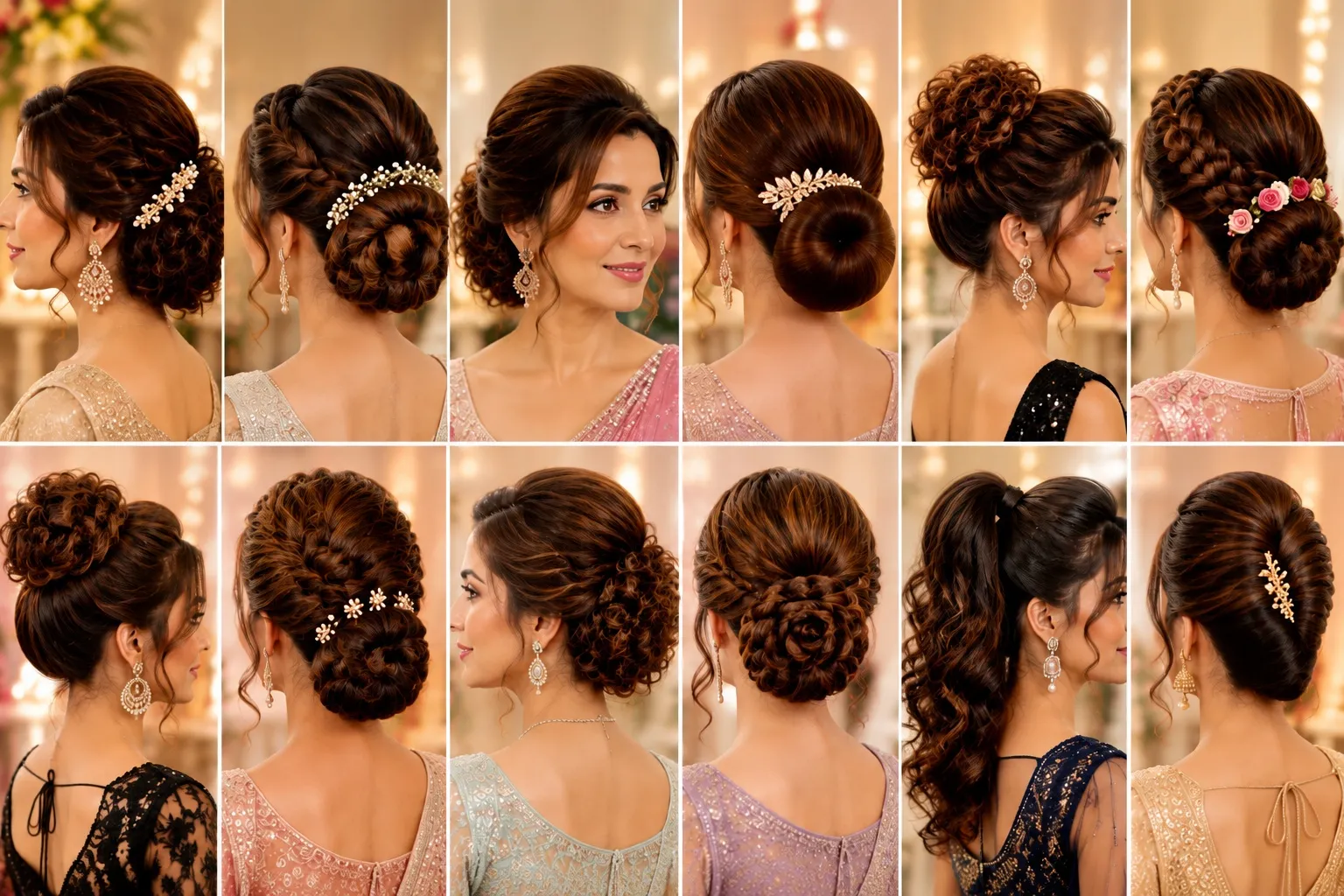 Woman styled in a textured low updo with face-framing tendrils and delicate pearl hairpins for a party