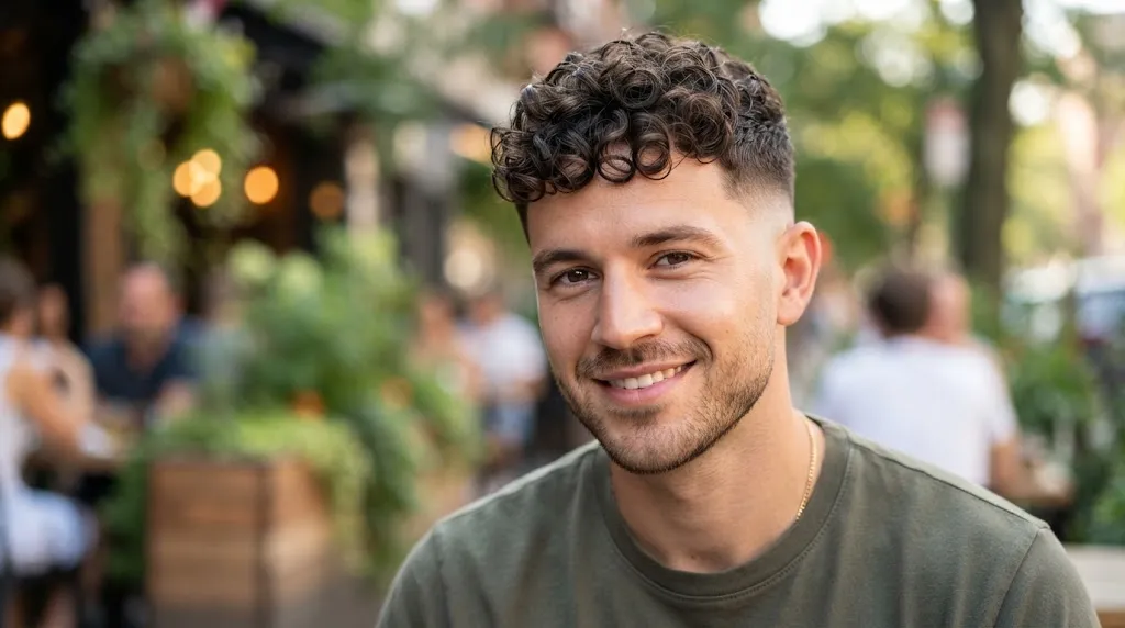 Modern short curly crop haircut for men with textured curls and a clean fade on the sides