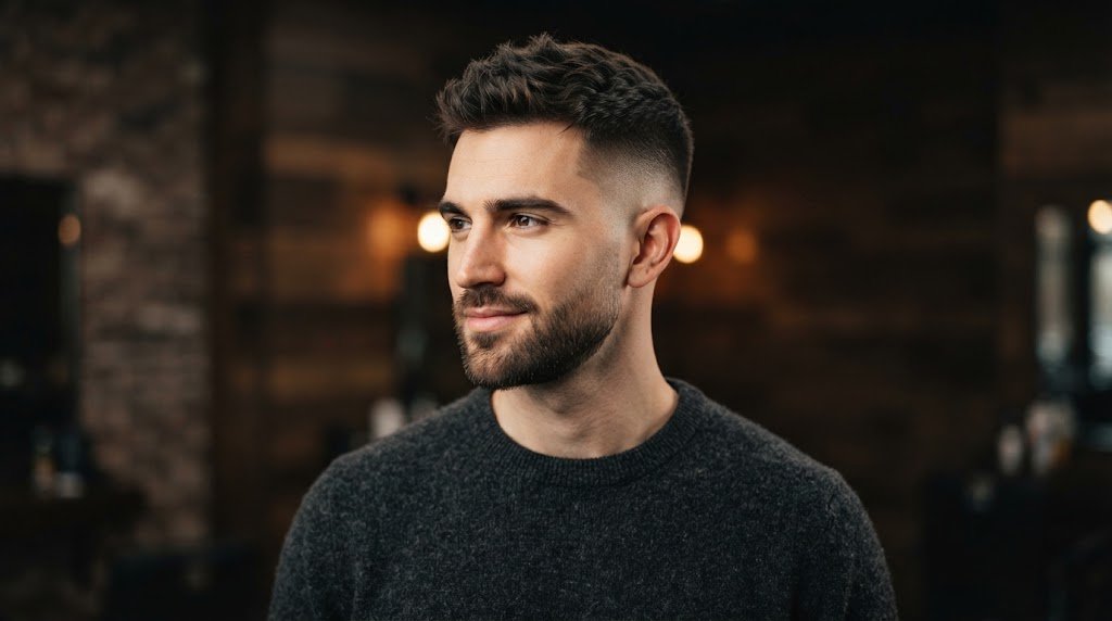 Man with a stylish soft mohawk fade haircut designed for a long face shape, featuring a low-profile tapered center strip