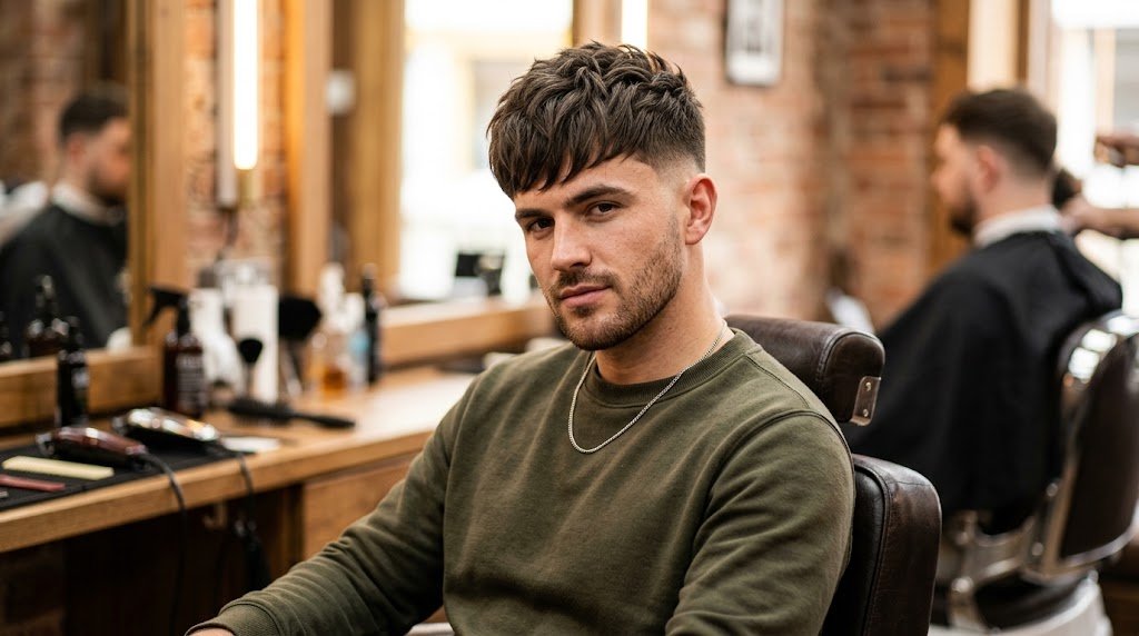 A modern man showcasing a stylish textured crop drop haircut with piecey top layers and a smooth drop fade.