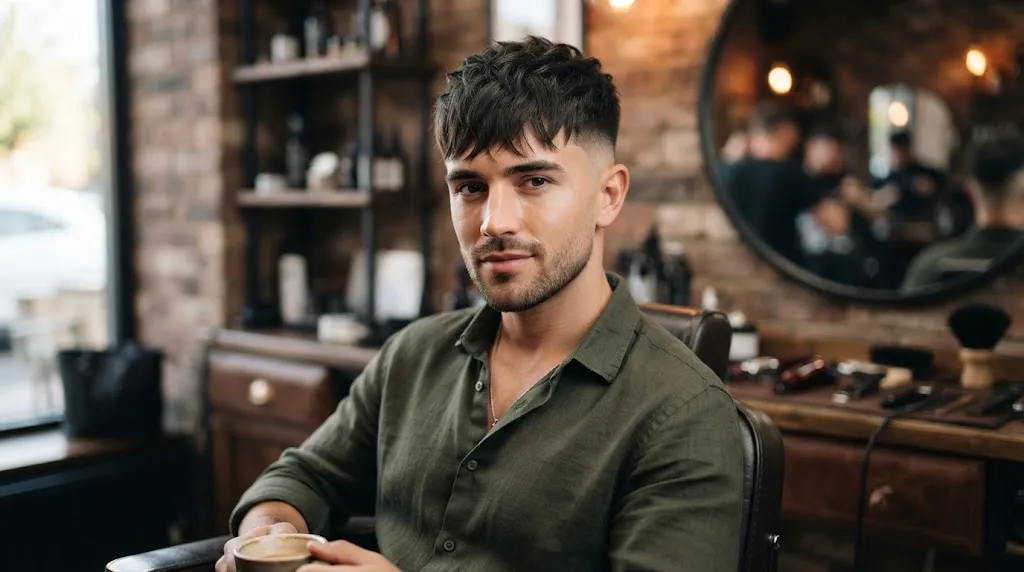 Stylish man with a textured crop haircut and forward-swept fringe for straight hair and a long face shape