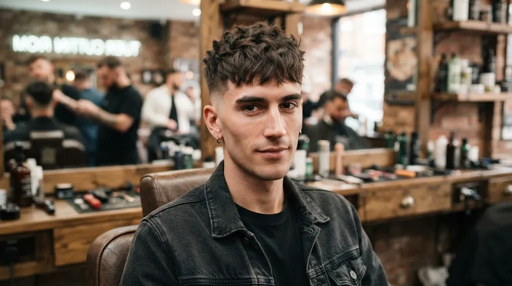 Modern textured crop haircut with a low skin fade on a man with a long face shape