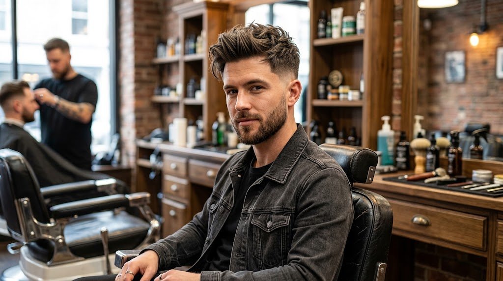 Man with a modern textured cut featuring piecey layered movement on top and short tapered sides