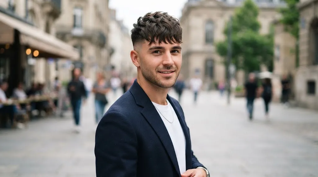 Stylish textured fringe undercut hairstyle for men with a long oblong face shape