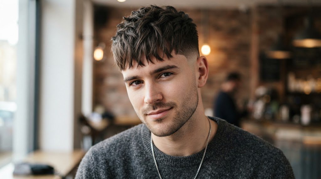Modern textured fringe undercut hairstyle on a man with a long face shape, featuring a matte finish and clean side taper.