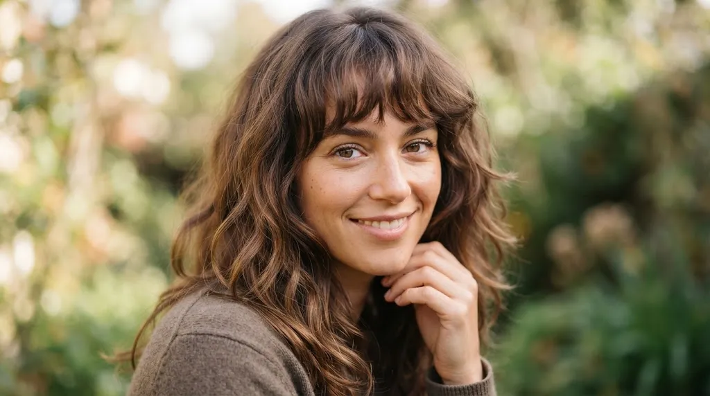 A woman with stylish textured front bangs and face-framing layers for long Indian hair